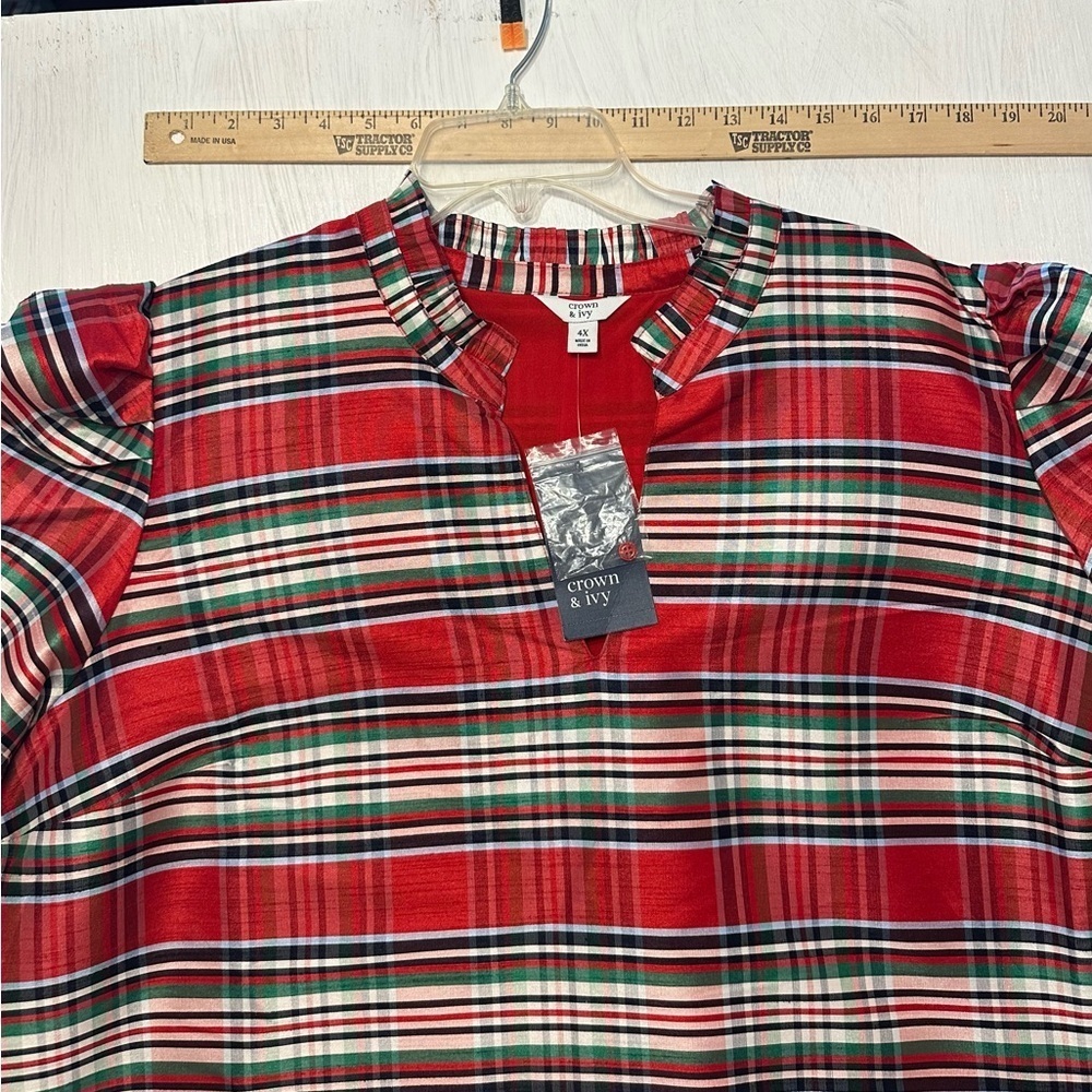 NWT Crown & Ivy Women’s Plus 4X Red Plaid Tunic Top Holiday Puff Sleeve $69.50 - Picture 4 of 8